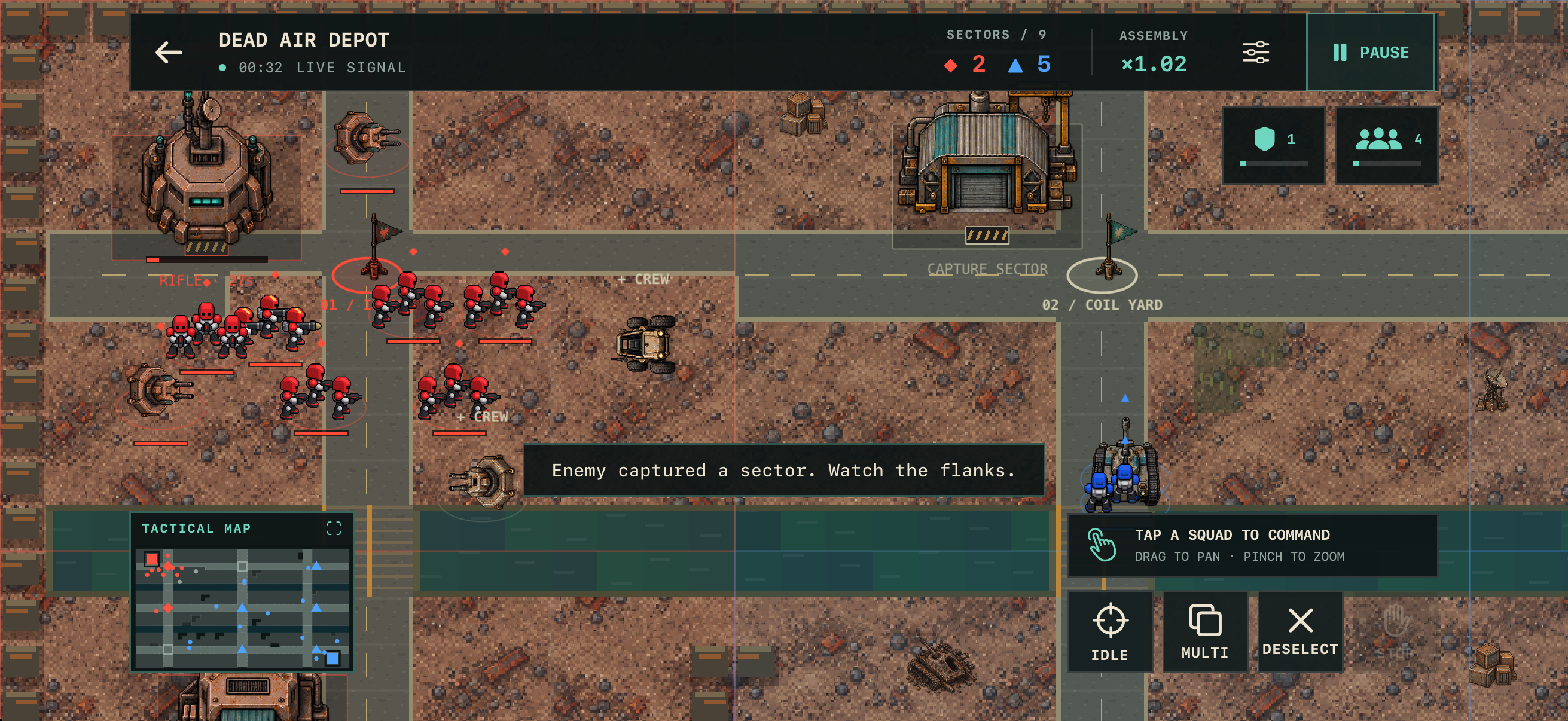 Zed Command gameplay with robot squads, capturable factories, and a tactical map