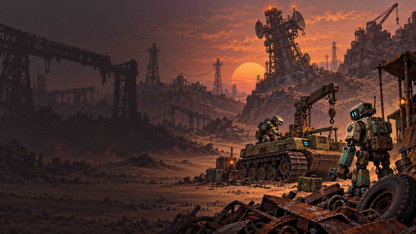 A robot squad and tank overlooking a vast scrapyard at sunset